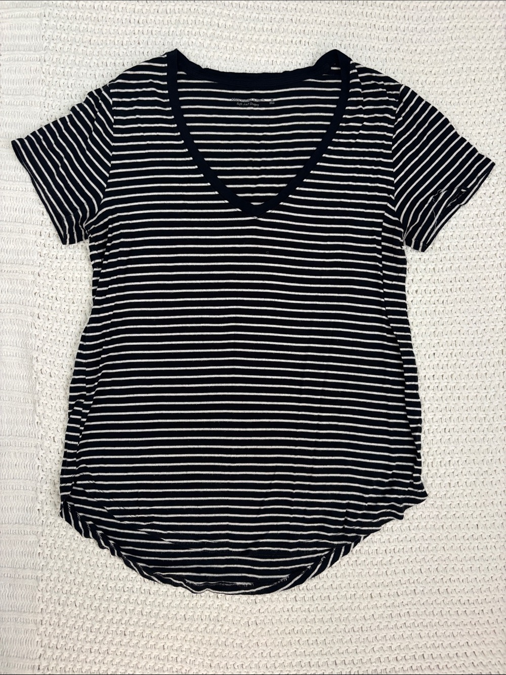 Abercrombie & Fitch Navy and White Striped V-Neck Tee Soft A&F Drapey